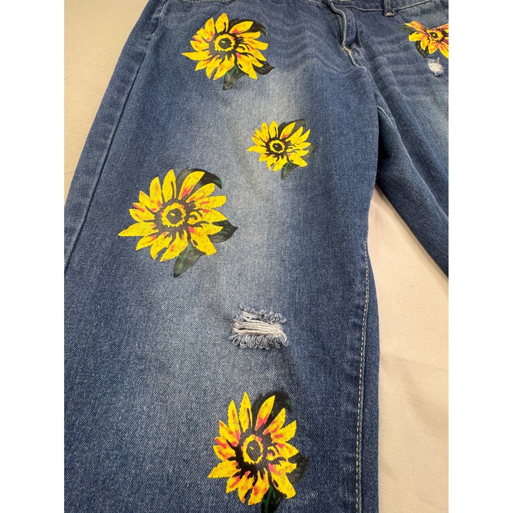 Misslook Sunflower Print Distressed Straight Leg Denim Jeans Blue 2XL boho art - Picture 4 of 14